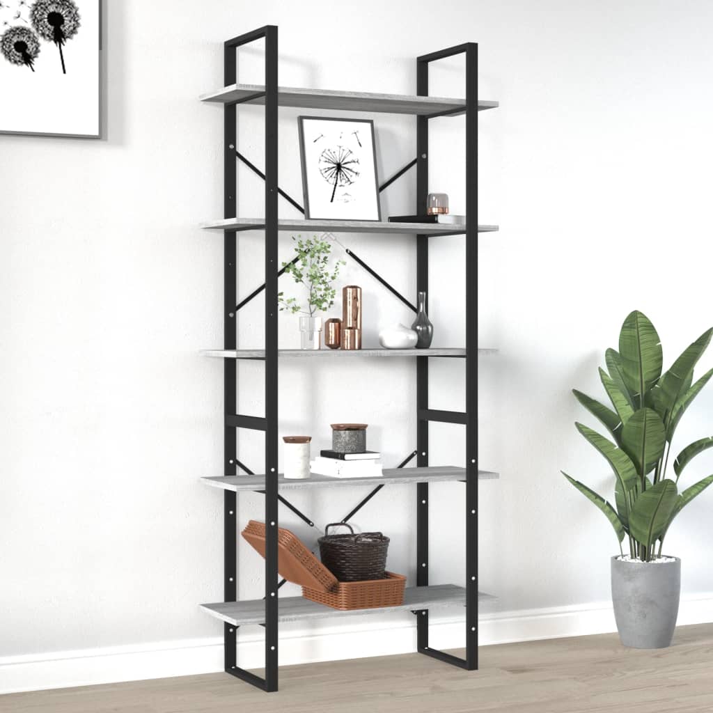 vidaXL bogreol med 5 hylder 80x30x175 cm konstrueret træ grå sonoma-eg