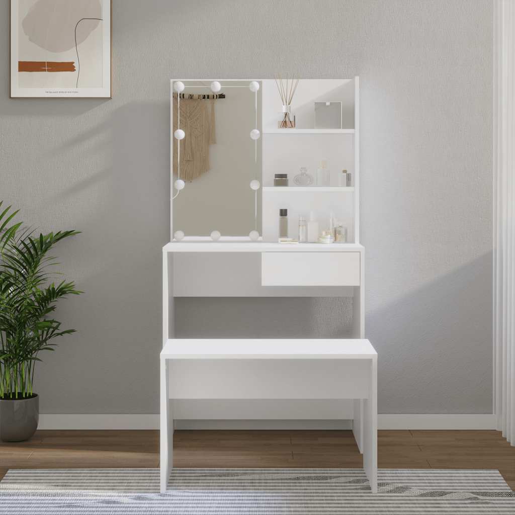 makeupbordssæt med LED-lys konstrueret træ hvid billede
