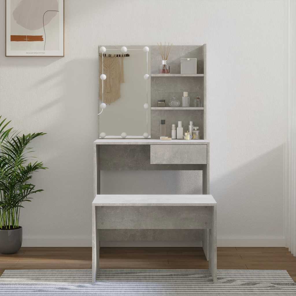 makeupbordssæt med LED-lys konstrueret træ betongrå billede