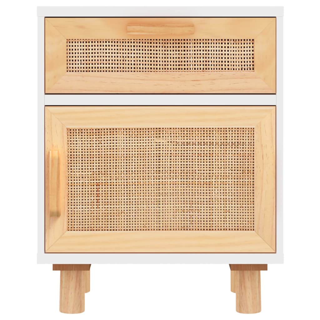 sengebord massivt fyrretræ og naturlig rattan hvid