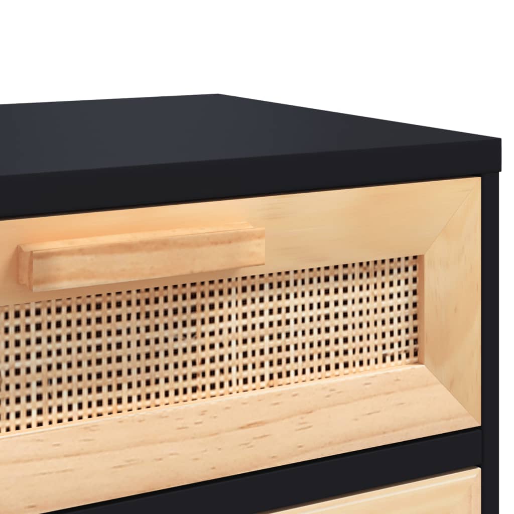 sengebord massivt fyrretræ og naturlig rattan sort