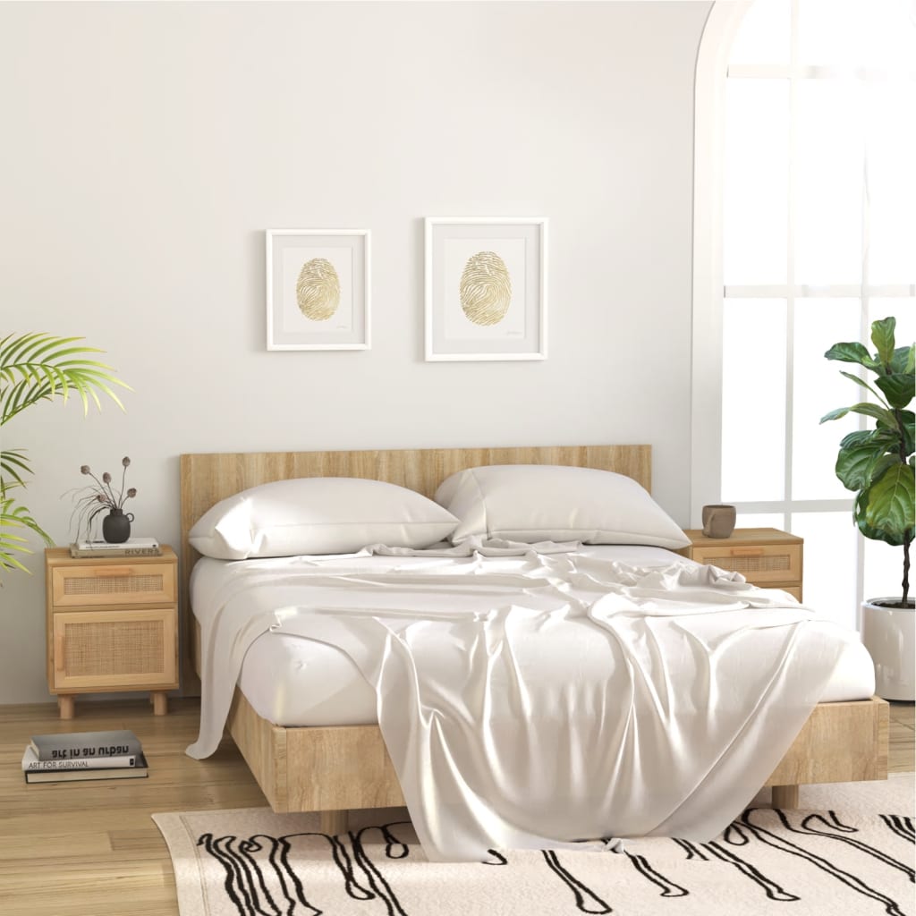 sengebord massivt fyrretræ og naturlig rattan brun