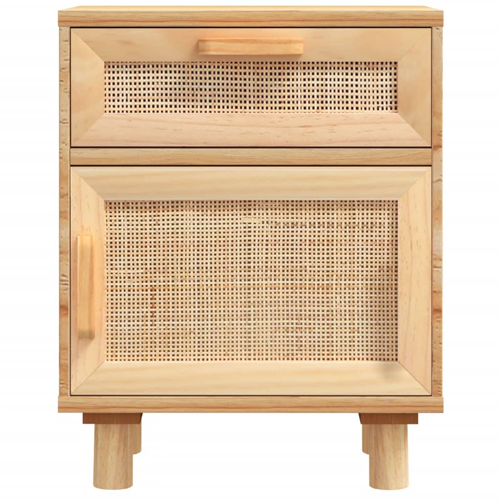 sengebord massivt fyrretræ og naturlig rattan brun