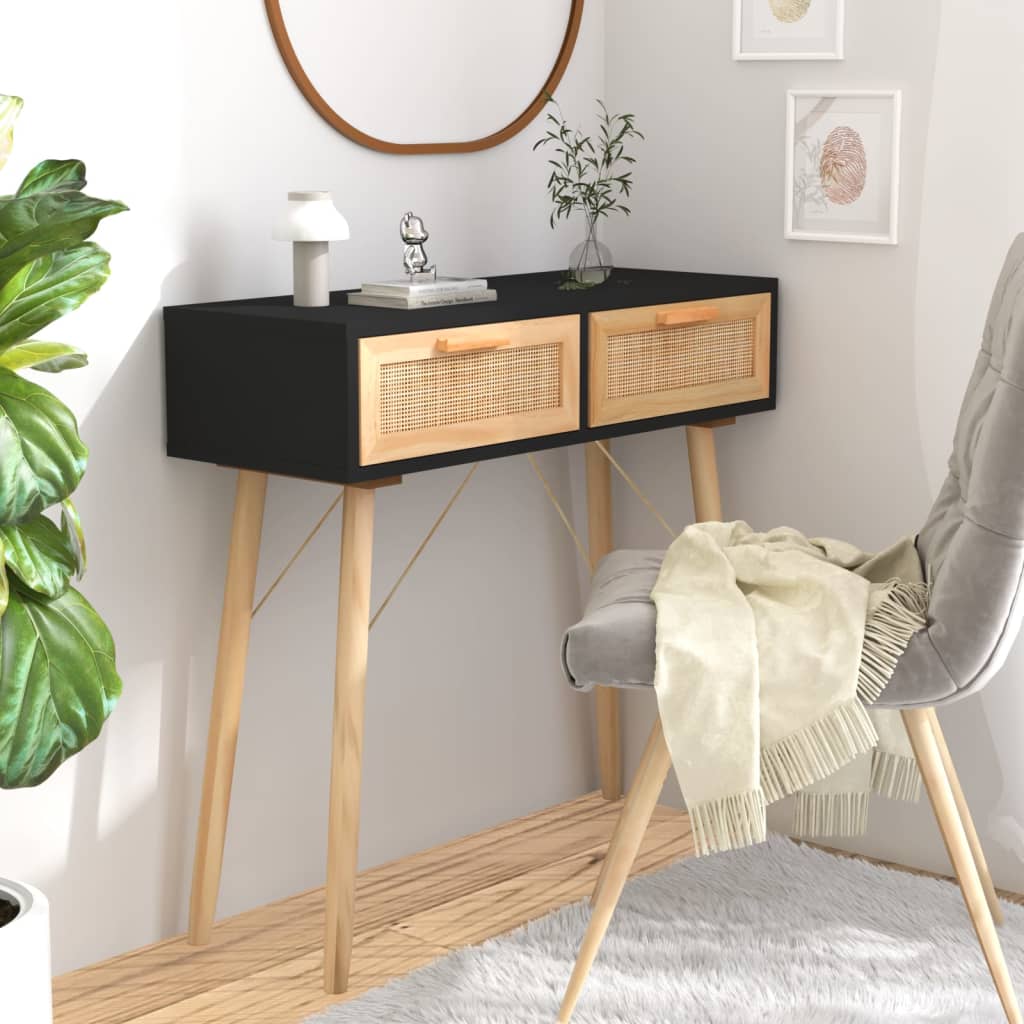 konsolbord 80x30x75 cm massivt fyrretræ naturlig rattan sort