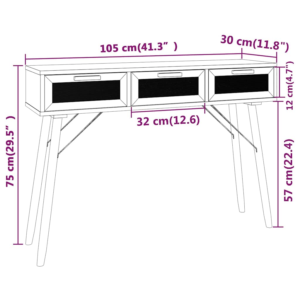 konsolbord 105x30x75 cm massivt fyrretræ naturlig rattan hvid