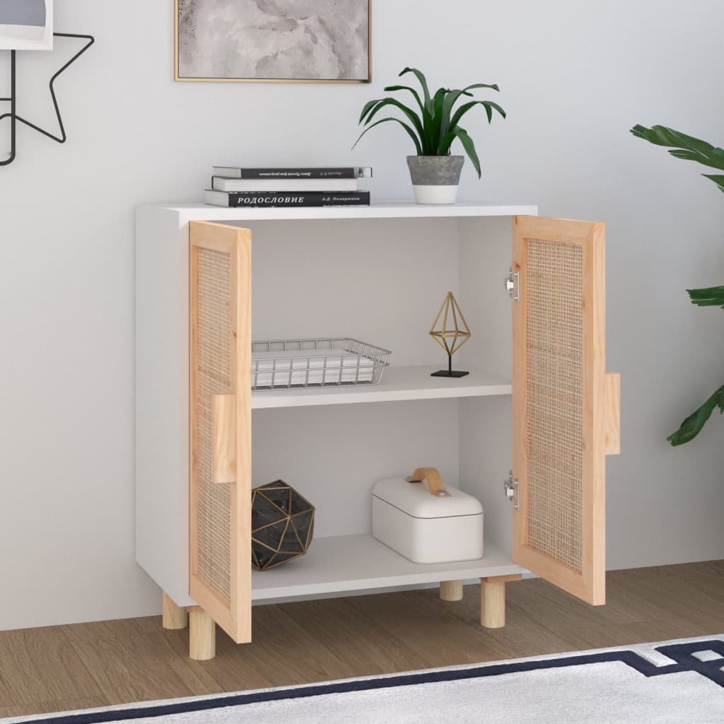 skænk 60x30x70 cm massivt fyrretræ og naturlig rattan hvid