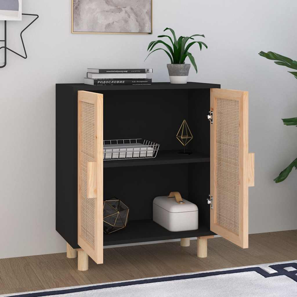 skænk 60x30x70 cm massivt fyrretræ og naturlig rattan sort