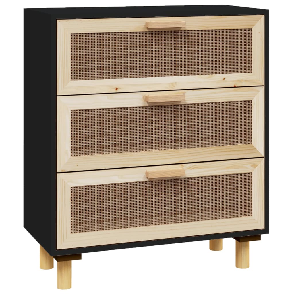 skænk 60x30x70 cm massivt fyrretræ og naturlig rattan sort