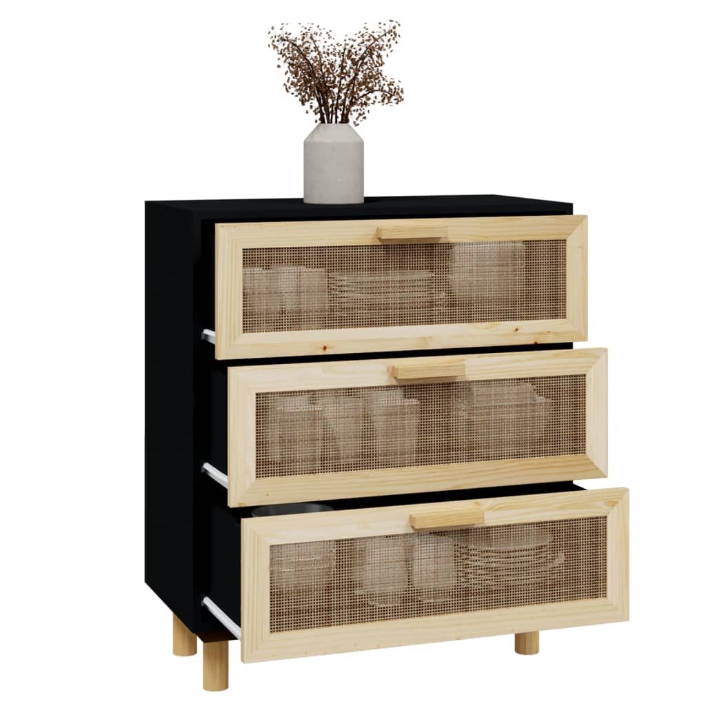 skænk 60x30x70 cm massivt fyrretræ og naturlig rattan sort