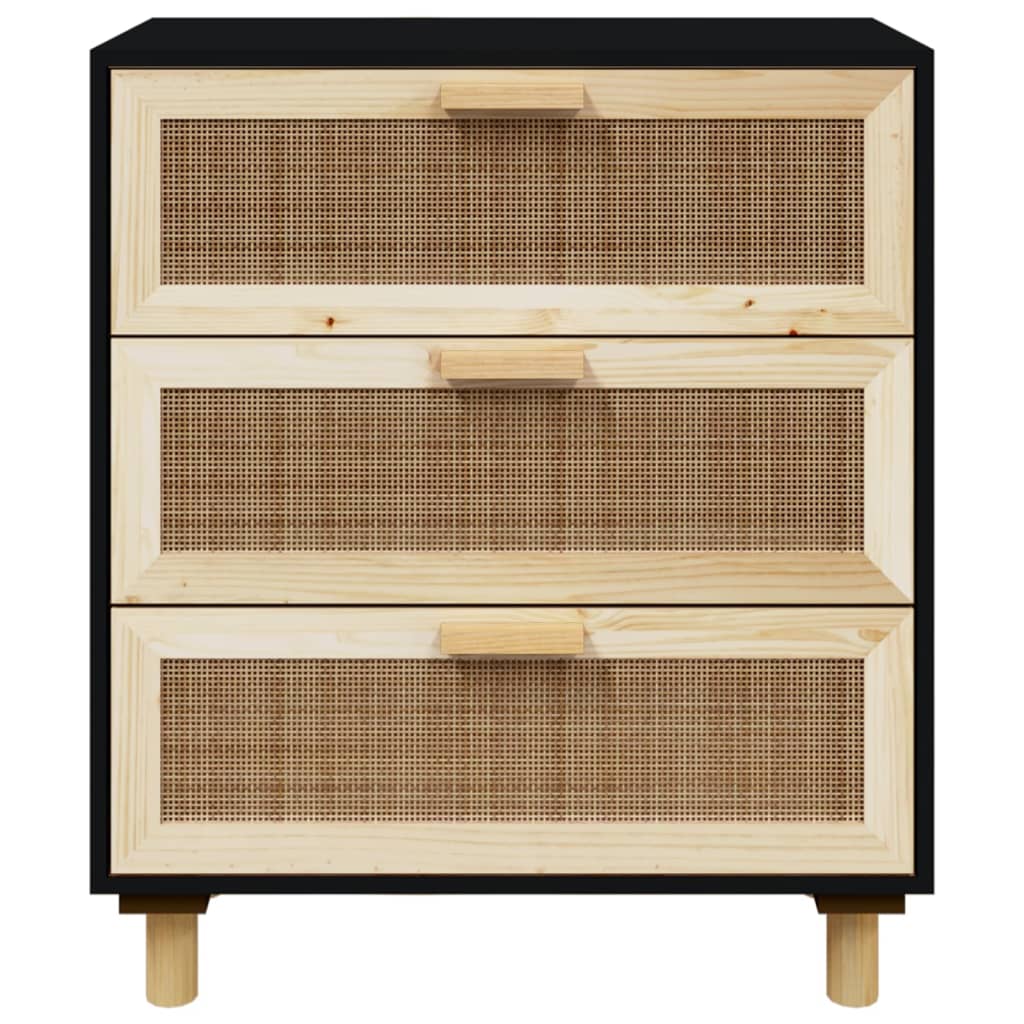 skænk 60x30x70 cm massivt fyrretræ og naturlig rattan sort