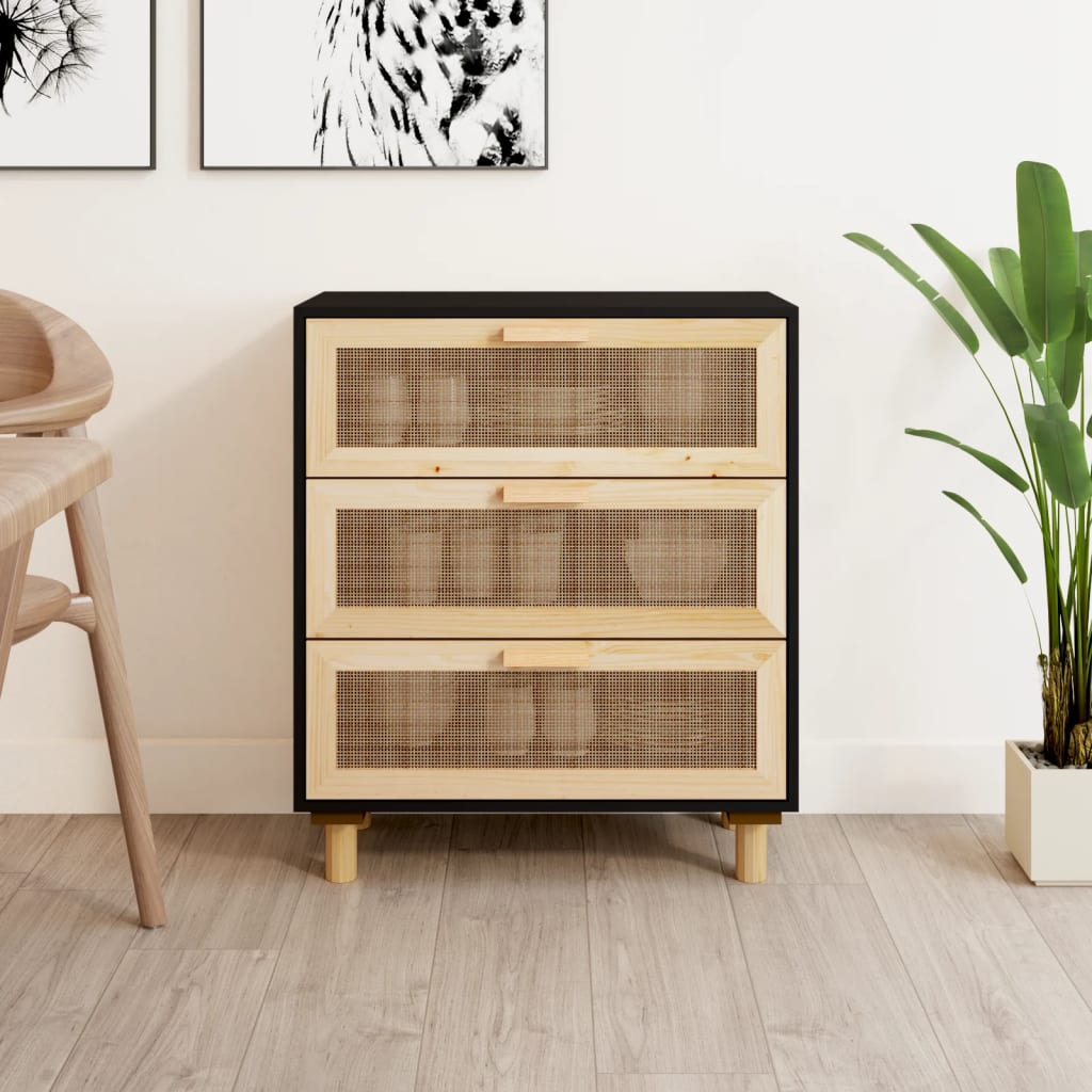 skænk 60x30x70 cm massivt fyrretræ og naturlig rattan sort