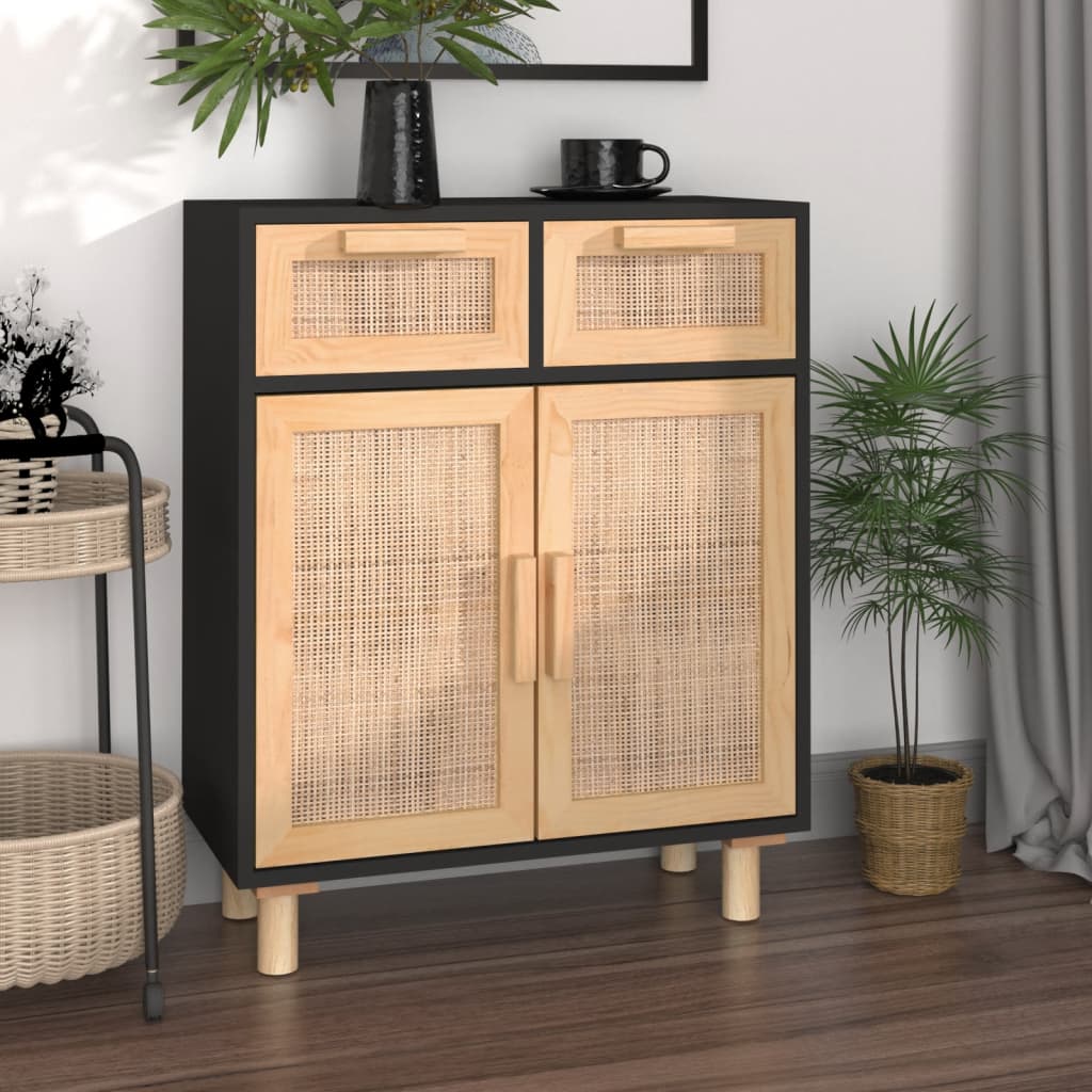 skænk 60x30x75 cm massivt fyrretræ og naturlig rattan sort
