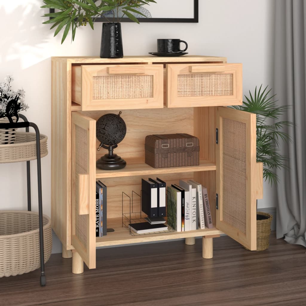 skænk 60x30x75 cm massivt fyrretræ og naturlig rattan brun