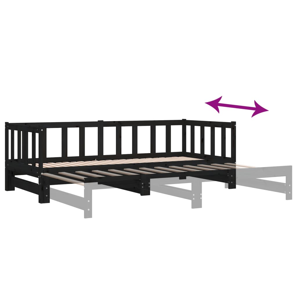 daybed med udtræk 2x(90x190) cm massivt fyrretræ sort