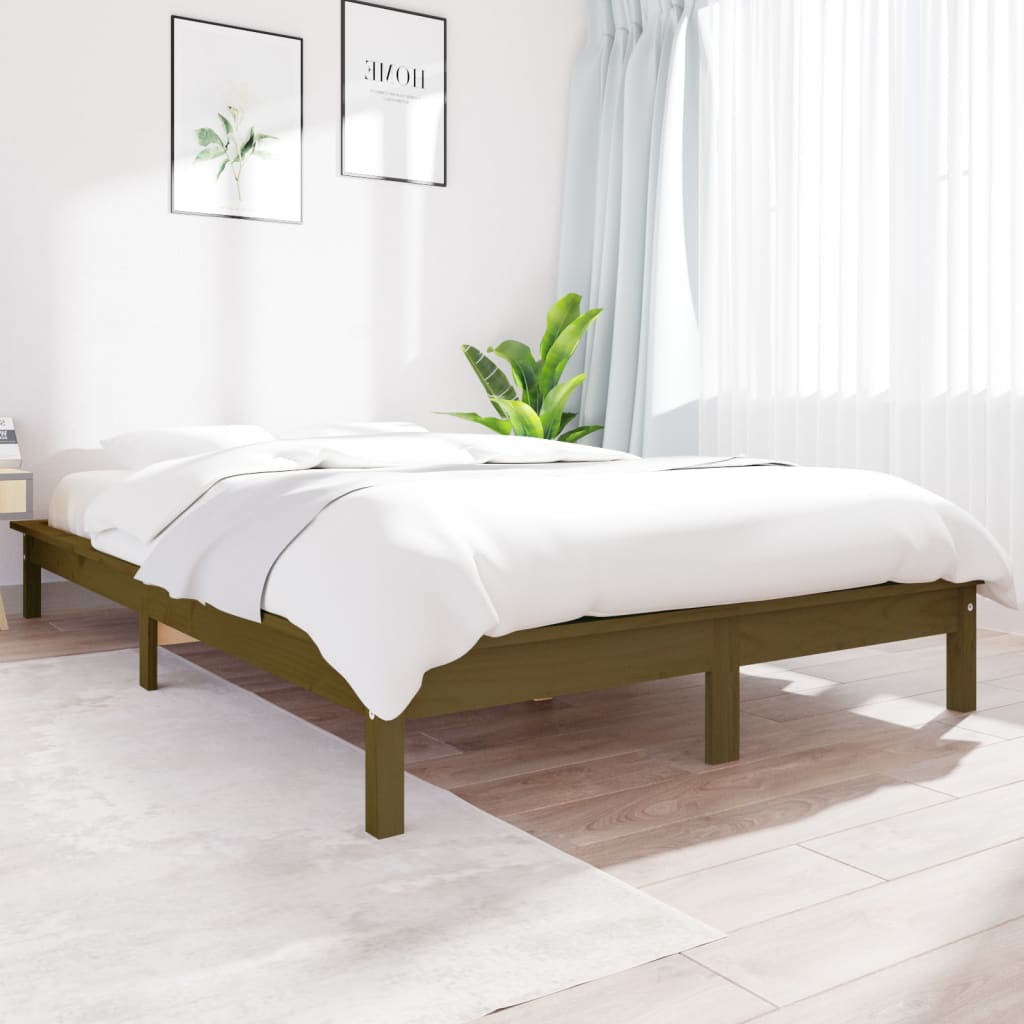 sengeramme 135x190 cm dobbelt massivt fyrretræ gyldenbrun