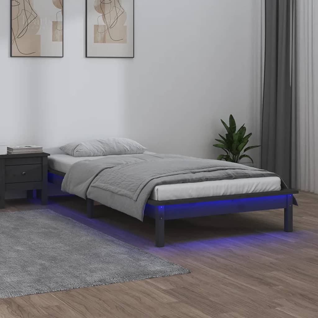 sengeramme med LED-lys 90x200 cm massivt træ grå