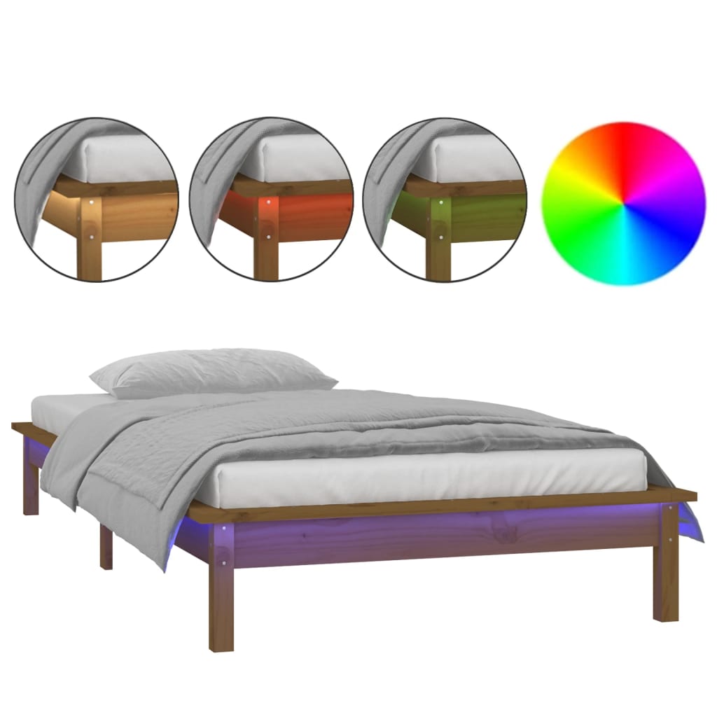 sengeramme med LED-lys 90x200 cm massivt træ gyldenbrun