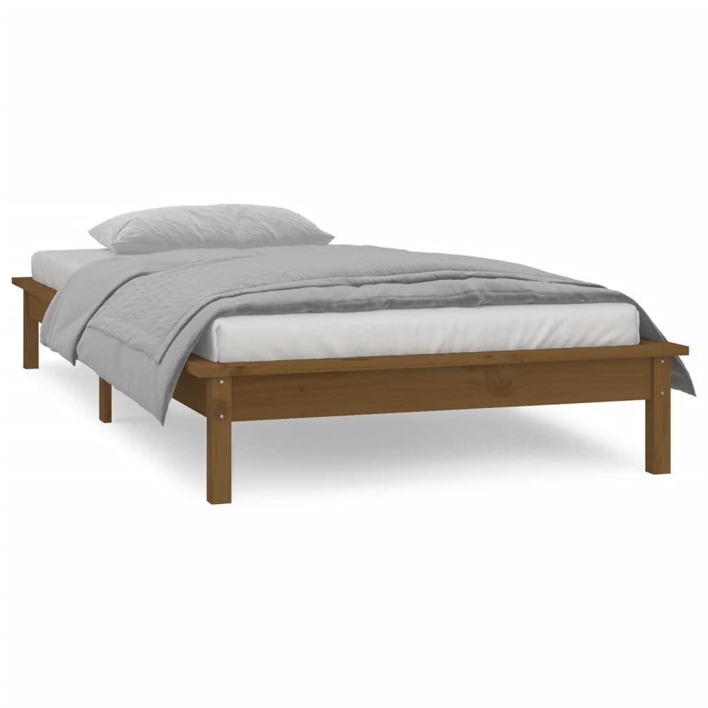 sengeramme med LED-lys 90x200 cm massivt træ gyldenbrun