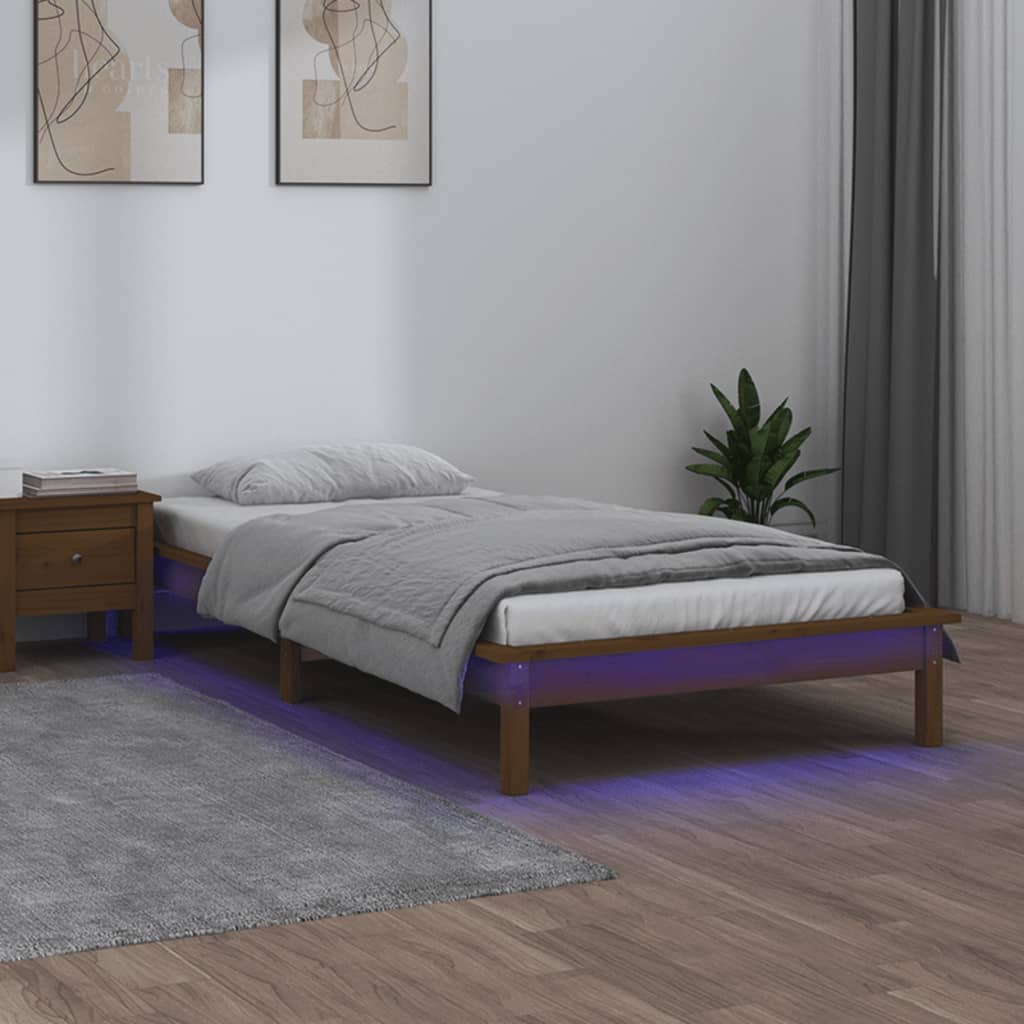 sengeramme med LED-lys 90x200 cm massivt træ gyldenbrun