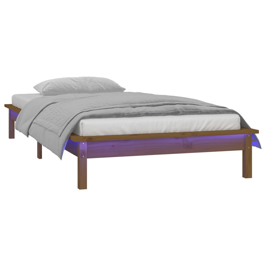 sengeramme med LED-lys 100x200 cm massivt træ gyldenbrun
