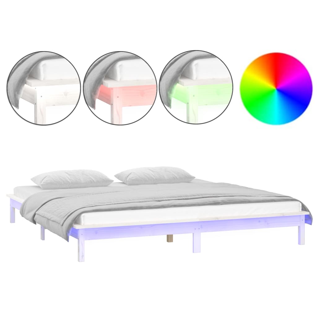 sengeramme med LED-lys 150x200 cm kingsize massivt træ hvid