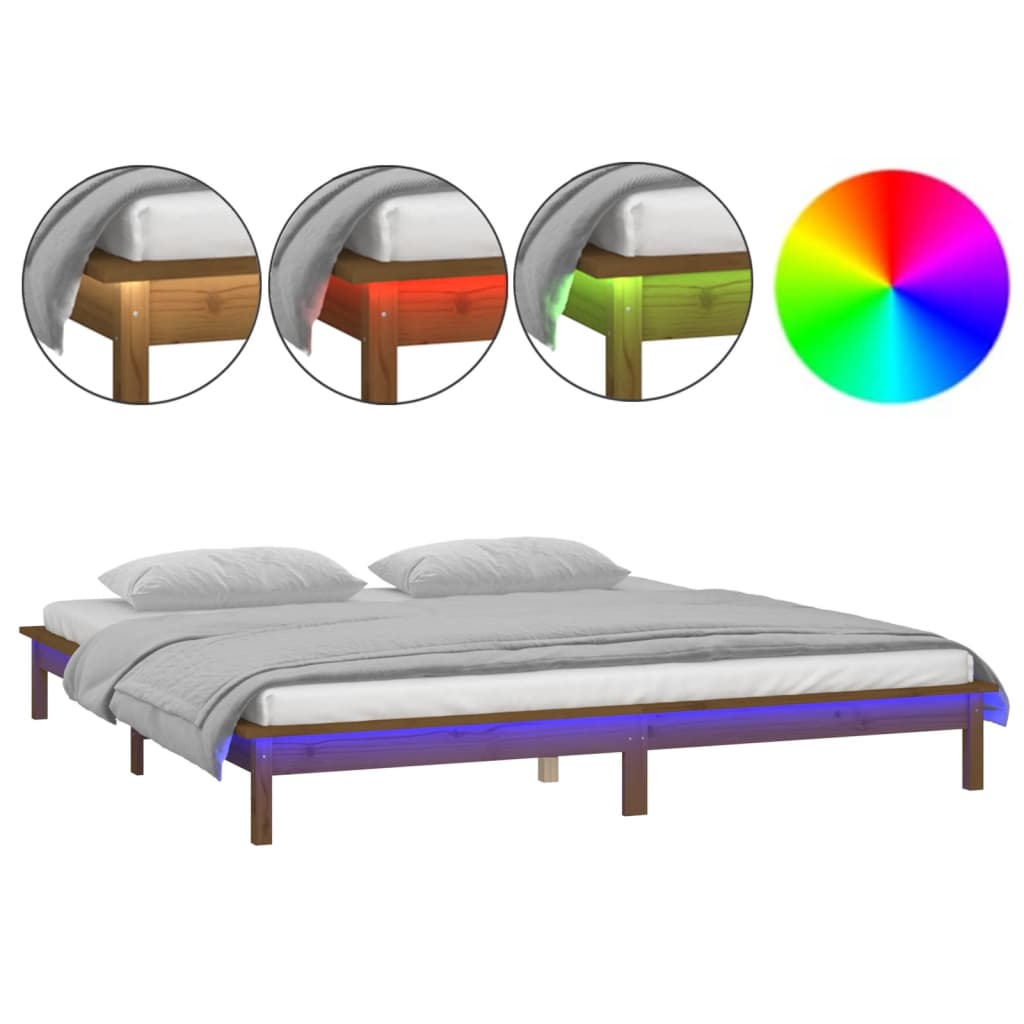 sengeramme med LED-lys 160x200 cm massivt træ gyldenbrun
