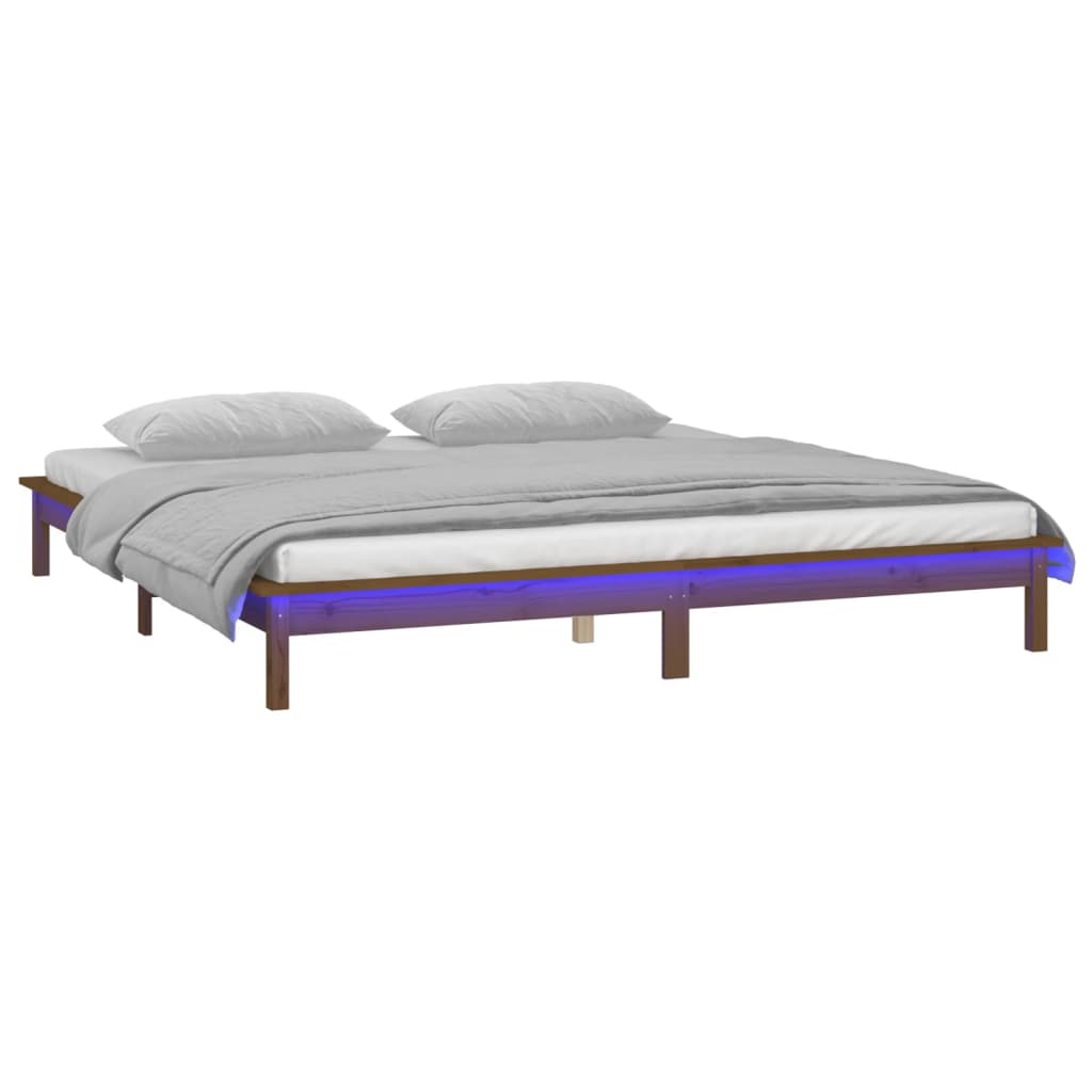 sengeramme med LED-lys 160x200 cm massivt træ gyldenbrun