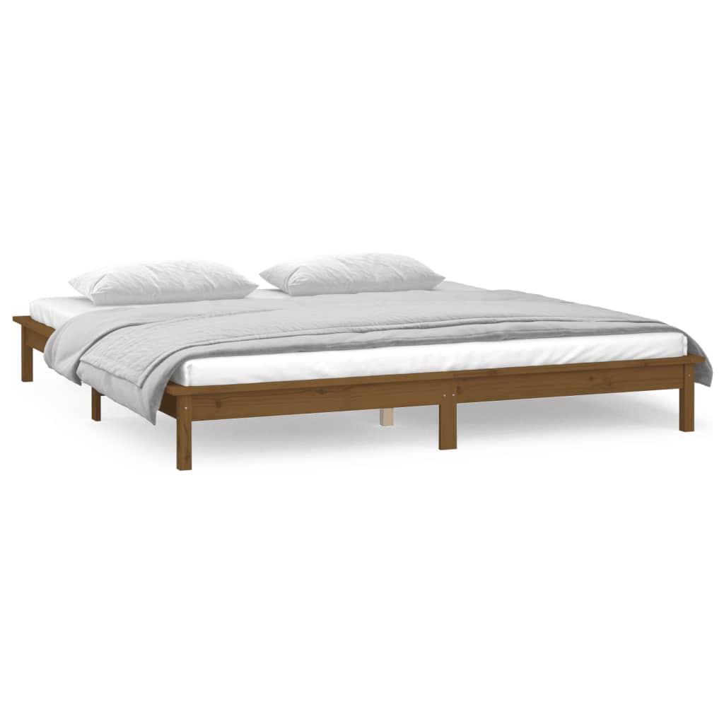 sengeramme med LED-lys 160x200 cm massivt træ gyldenbrun