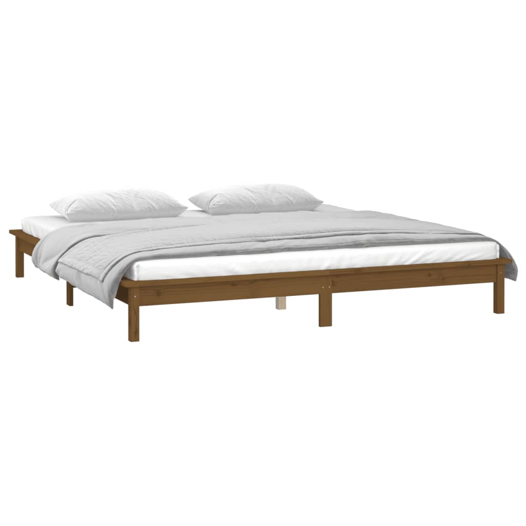 sengeramme med LED-lys 160x200 cm massivt træ gyldenbrun