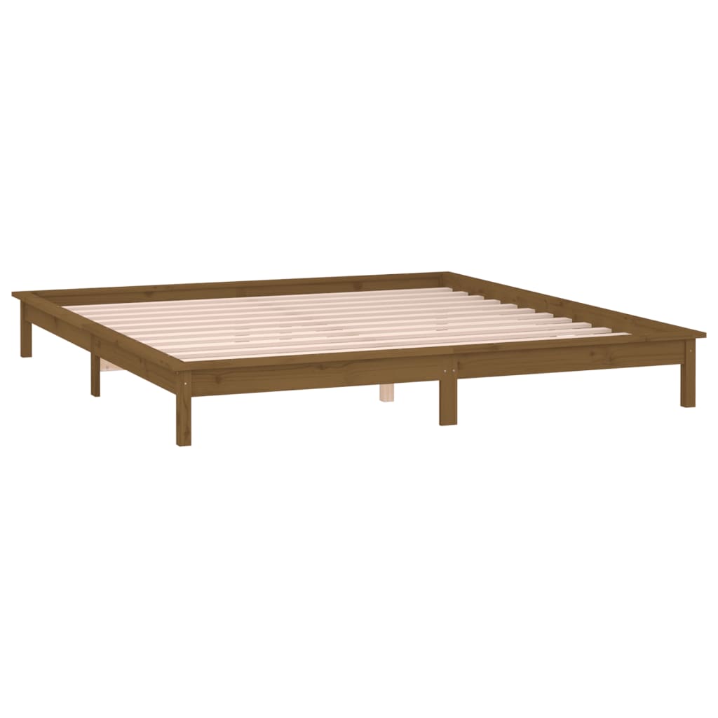 sengeramme med LED-lys 160x200 cm massivt træ gyldenbrun