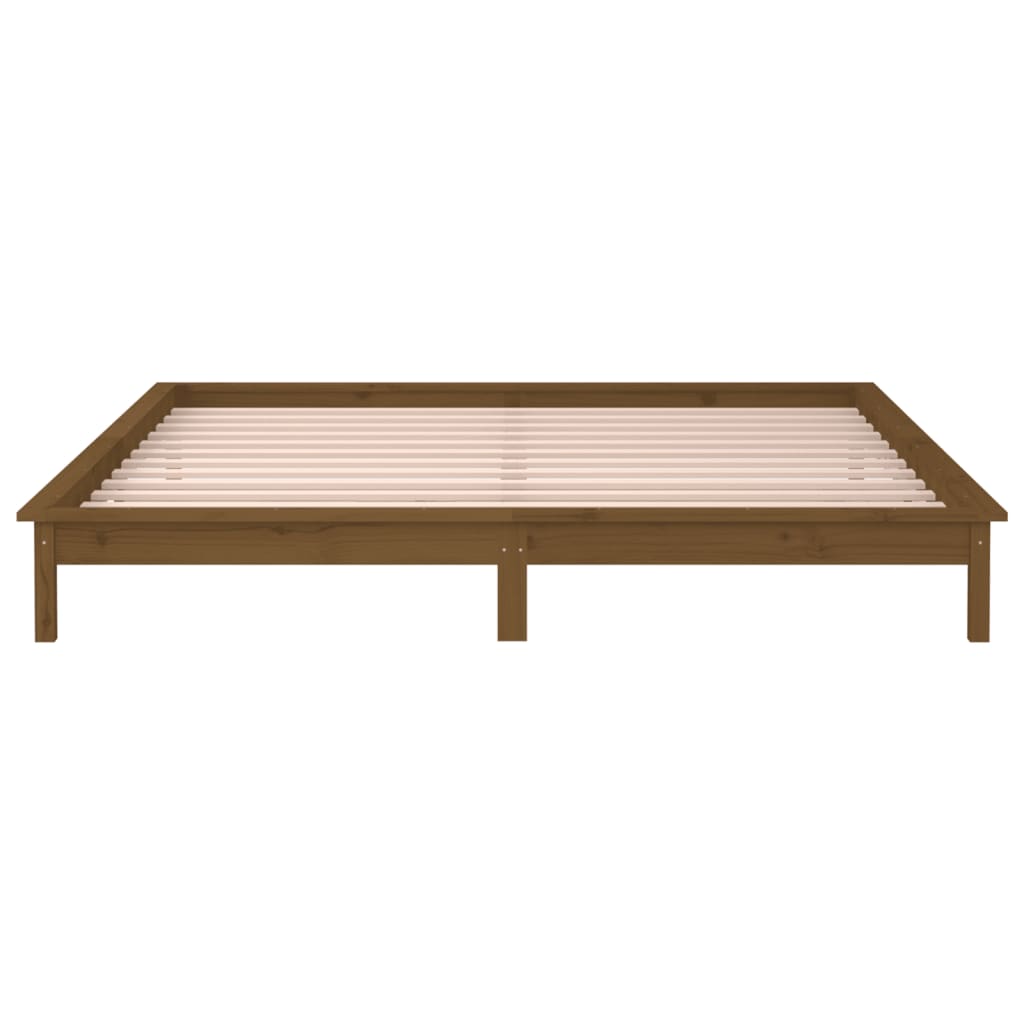 sengeramme med LED-lys 160x200 cm massivt træ gyldenbrun