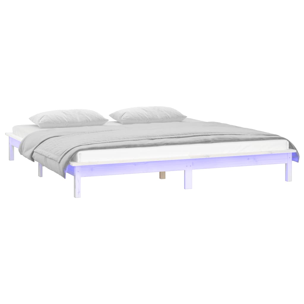 sengeramme med LED-lys 200x200 cm massivt træ hvid
