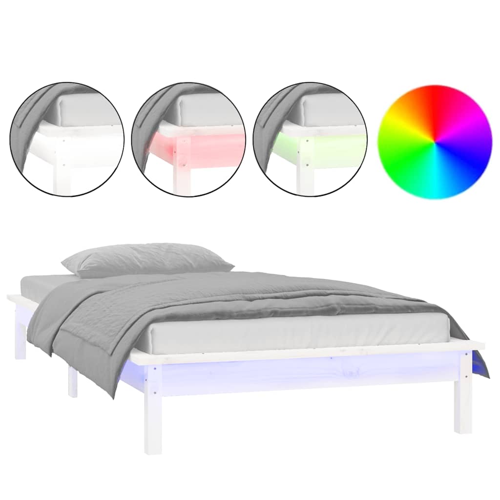 sengeramme med LED-lys 90x190 cm Single massivt træ hvid