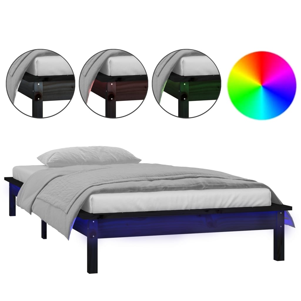 sengeramme med LED-lys 90x190 cm Single massivt træ sort