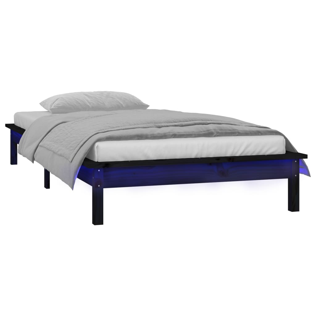 sengeramme med LED-lys 90x190 cm Single massivt træ sort