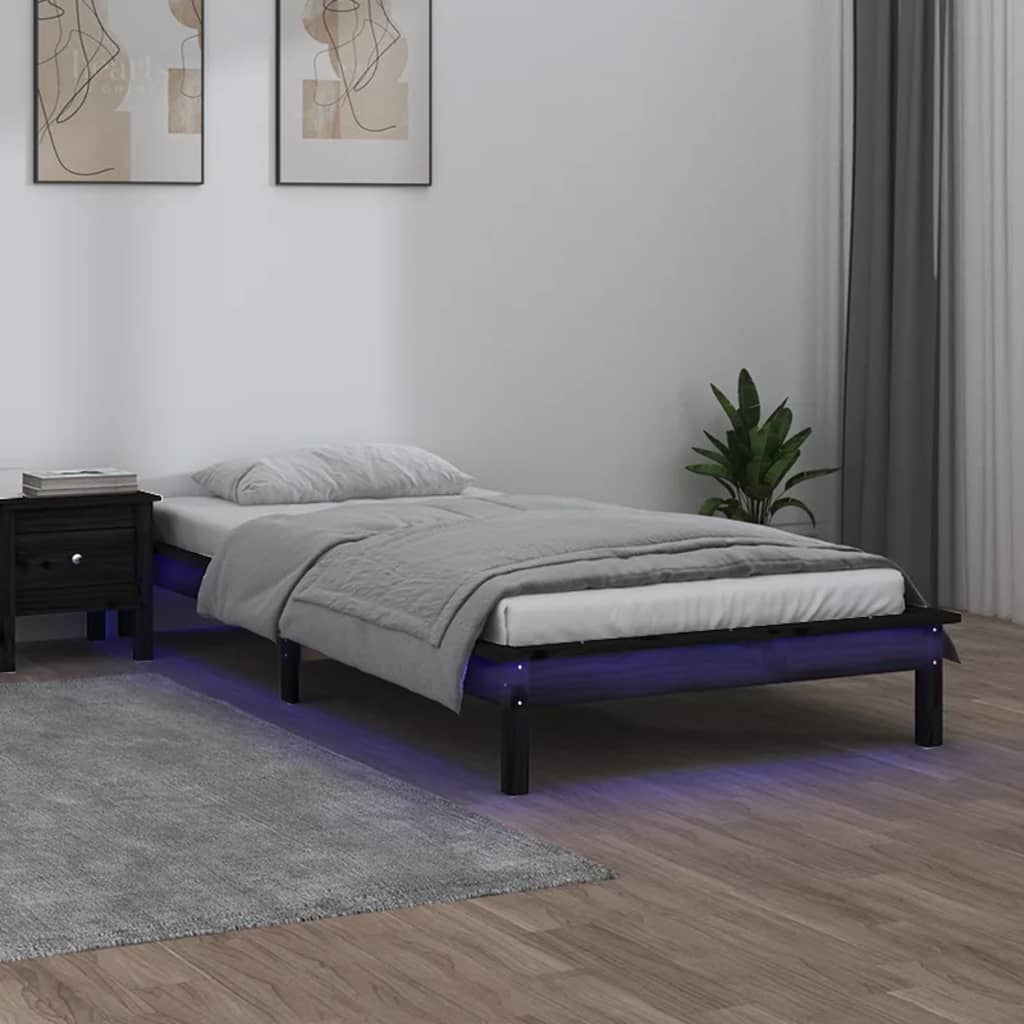 sengeramme med LED-lys 90x190 cm Single massivt træ sort