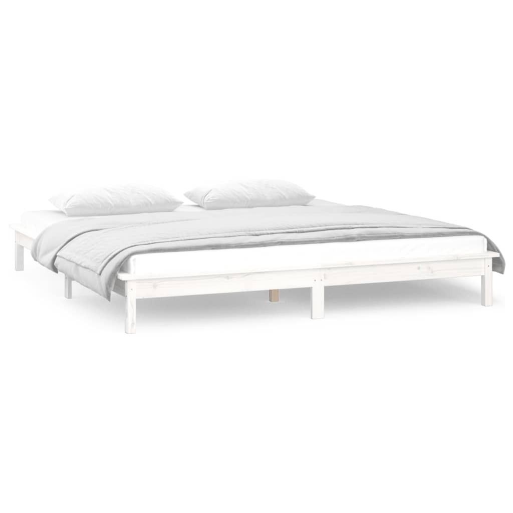 sengeramme med LED-lys 135x190 cm dobbelt massivt træ hvid