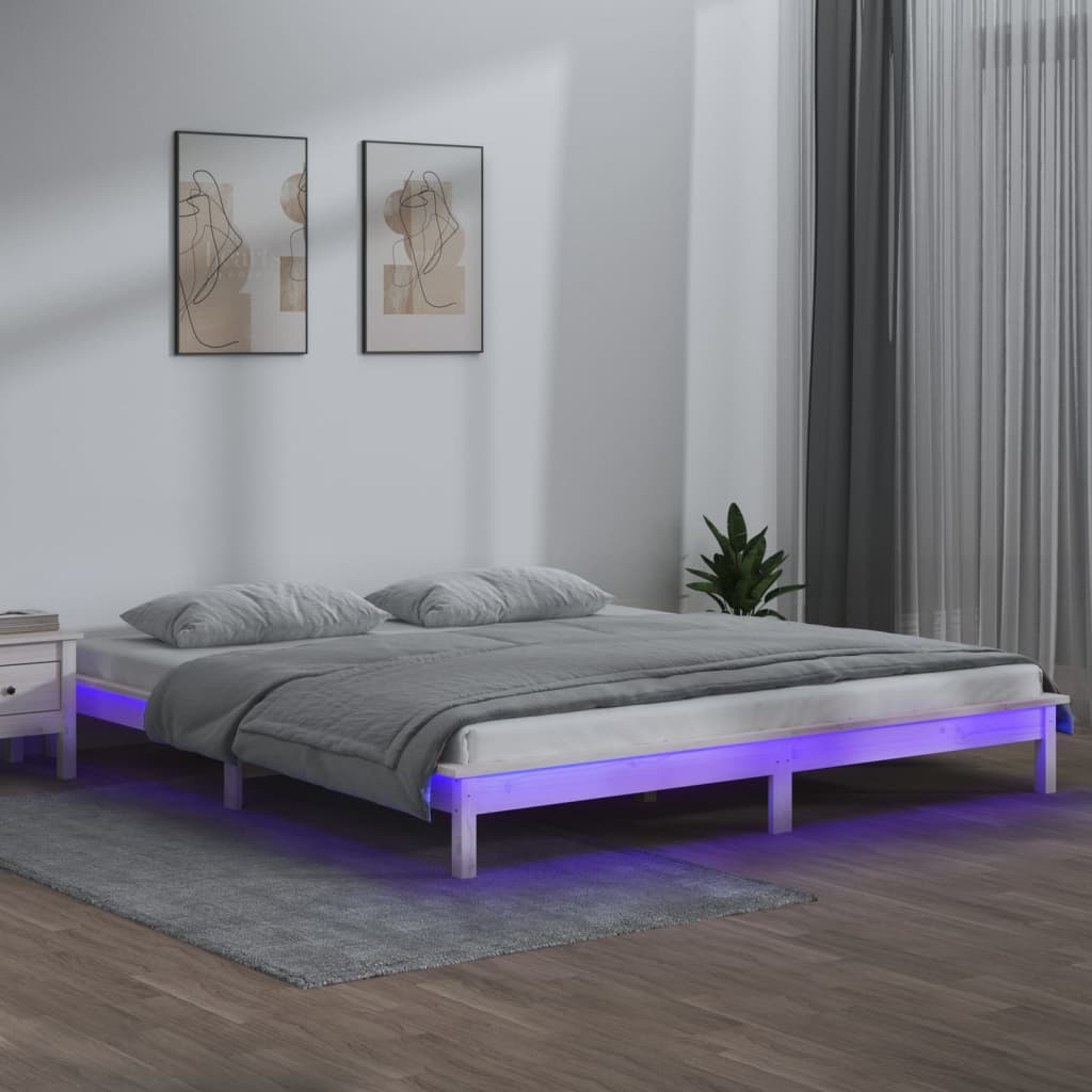 sengeramme med LED-lys 135x190 cm dobbelt massivt træ hvid