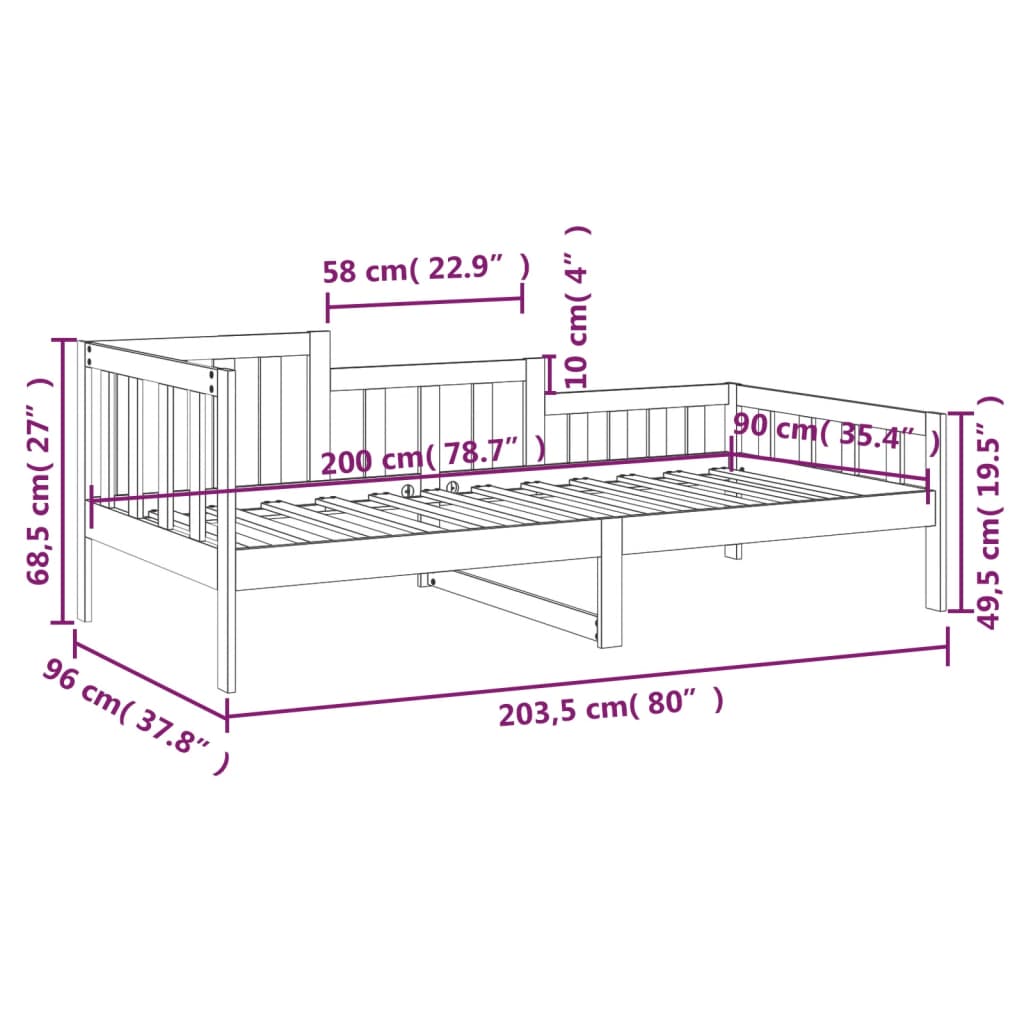 daybed uden madras 90x200 cm massivt fyrretræ hvid