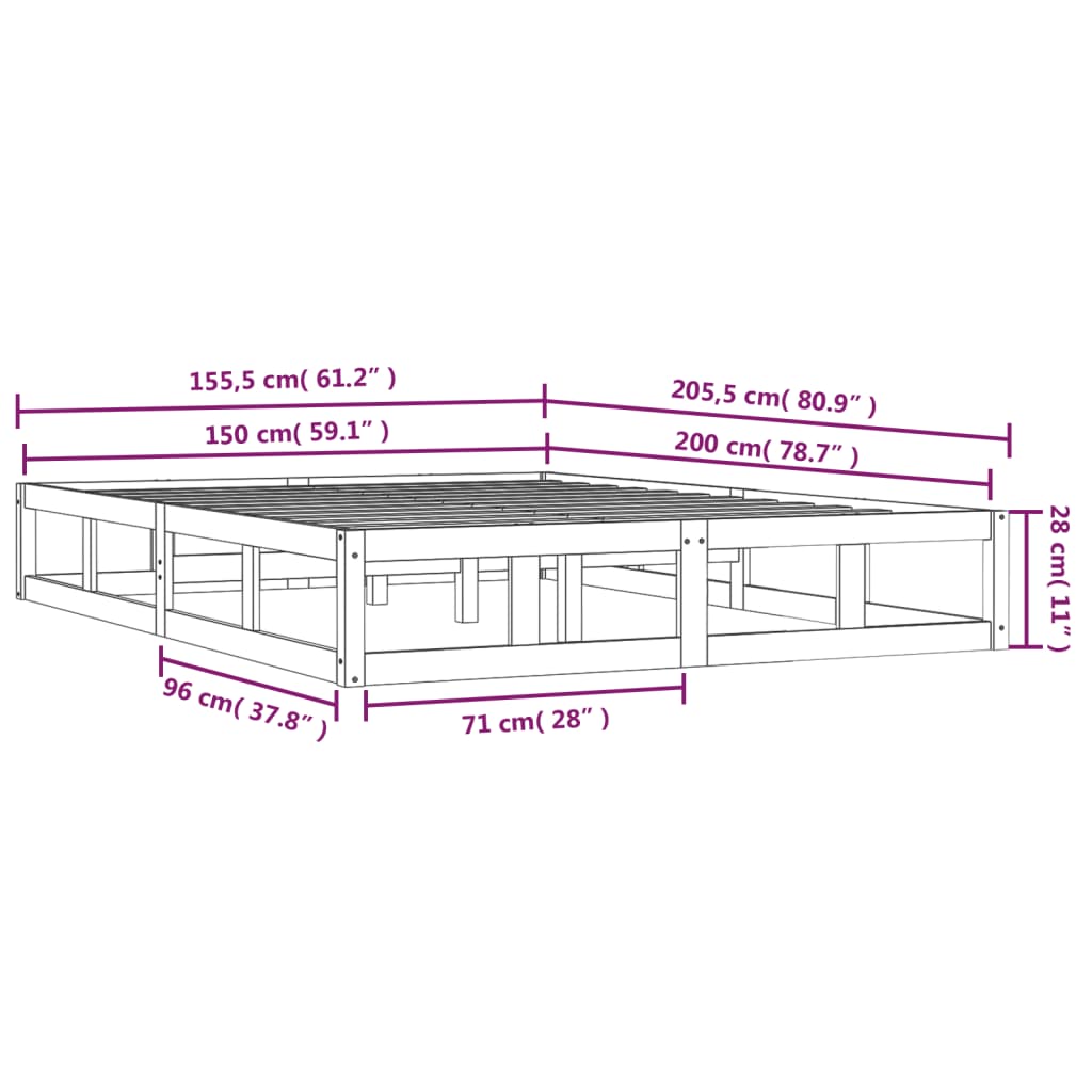 sengeramme 150x200 cm King Size massivt træ hvid