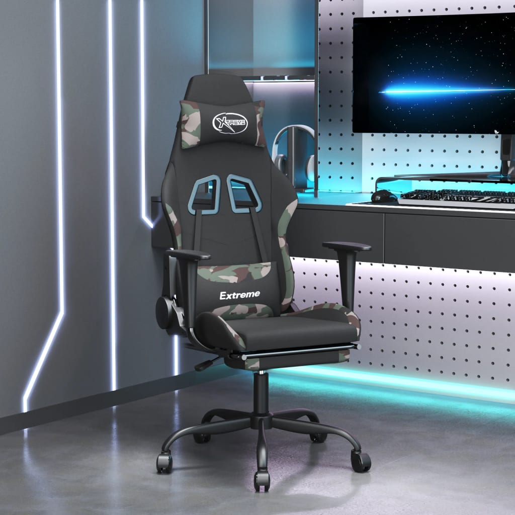 gamingstol med massagefunktion + fodstøtte stof sort camouflage