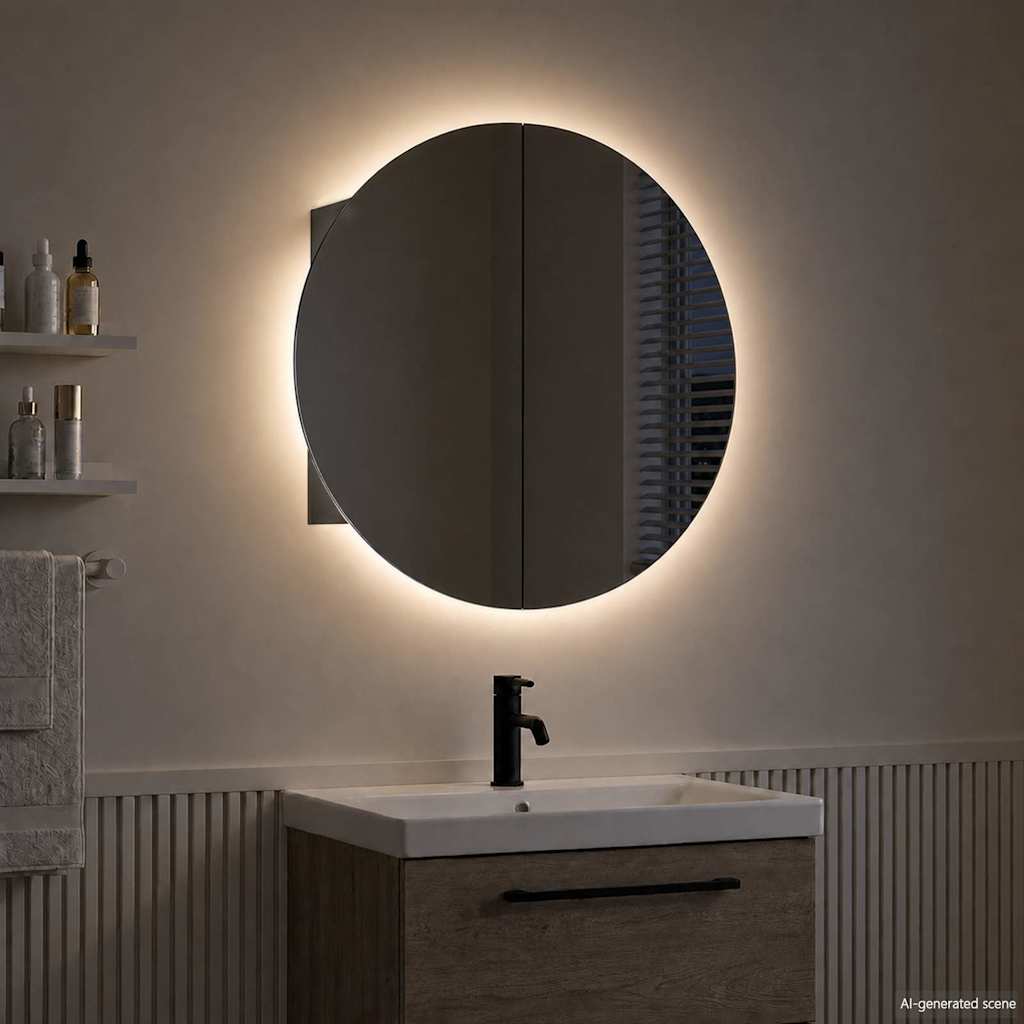 badeværelsesskab med rundt spejl og LED-lys 47x47x17,5 cm sort