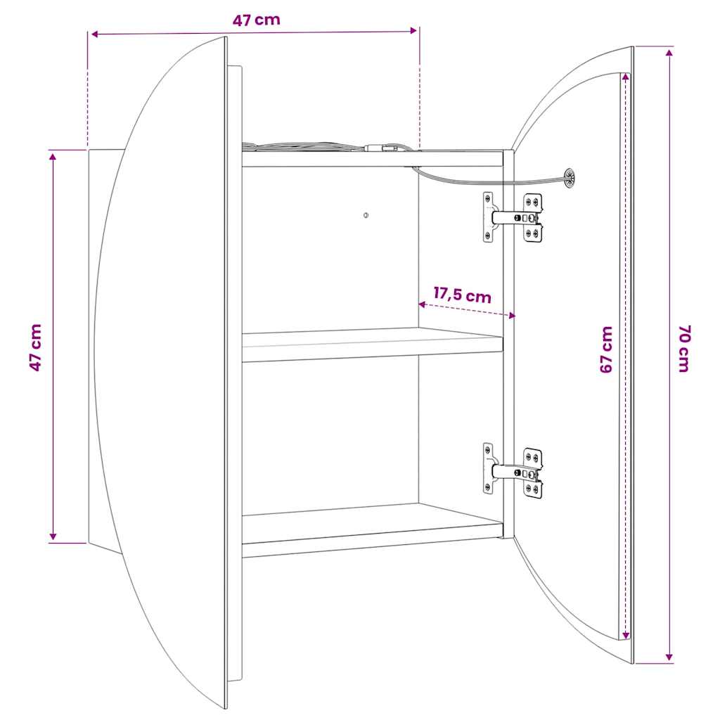 badeværelsesskab med rundt spejl og LED-lys 47x47x17,5 cm sort