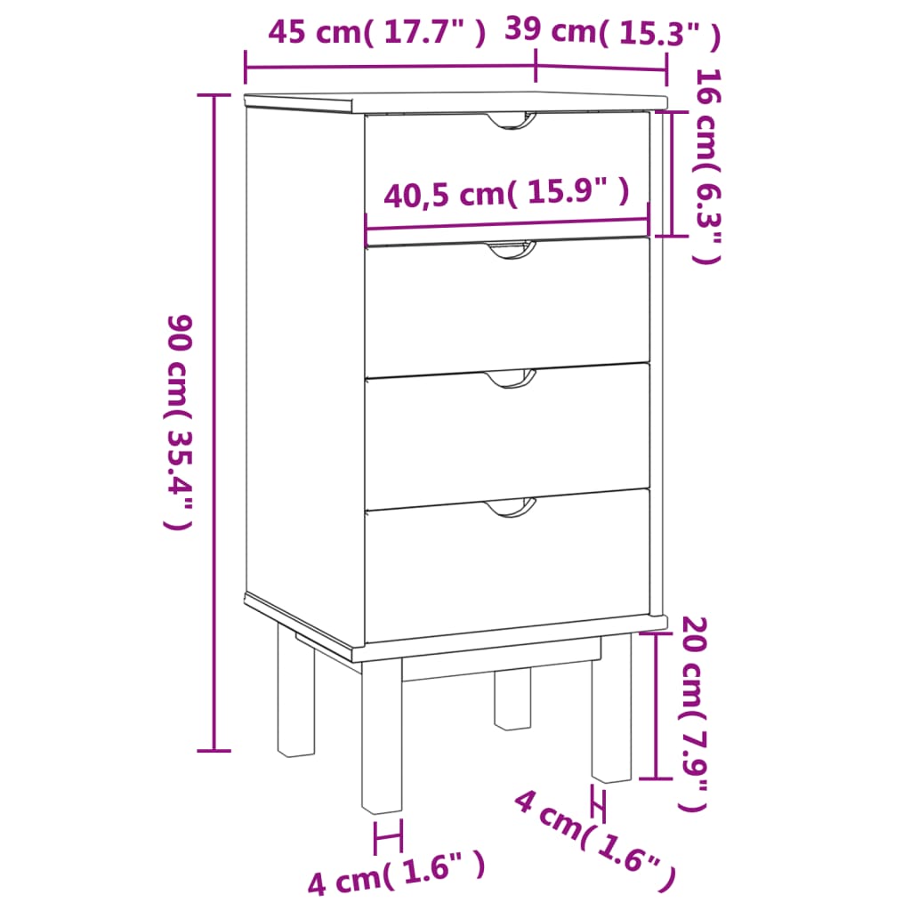 kommode OTTA 45x39x90 cm massivt fyrretræ