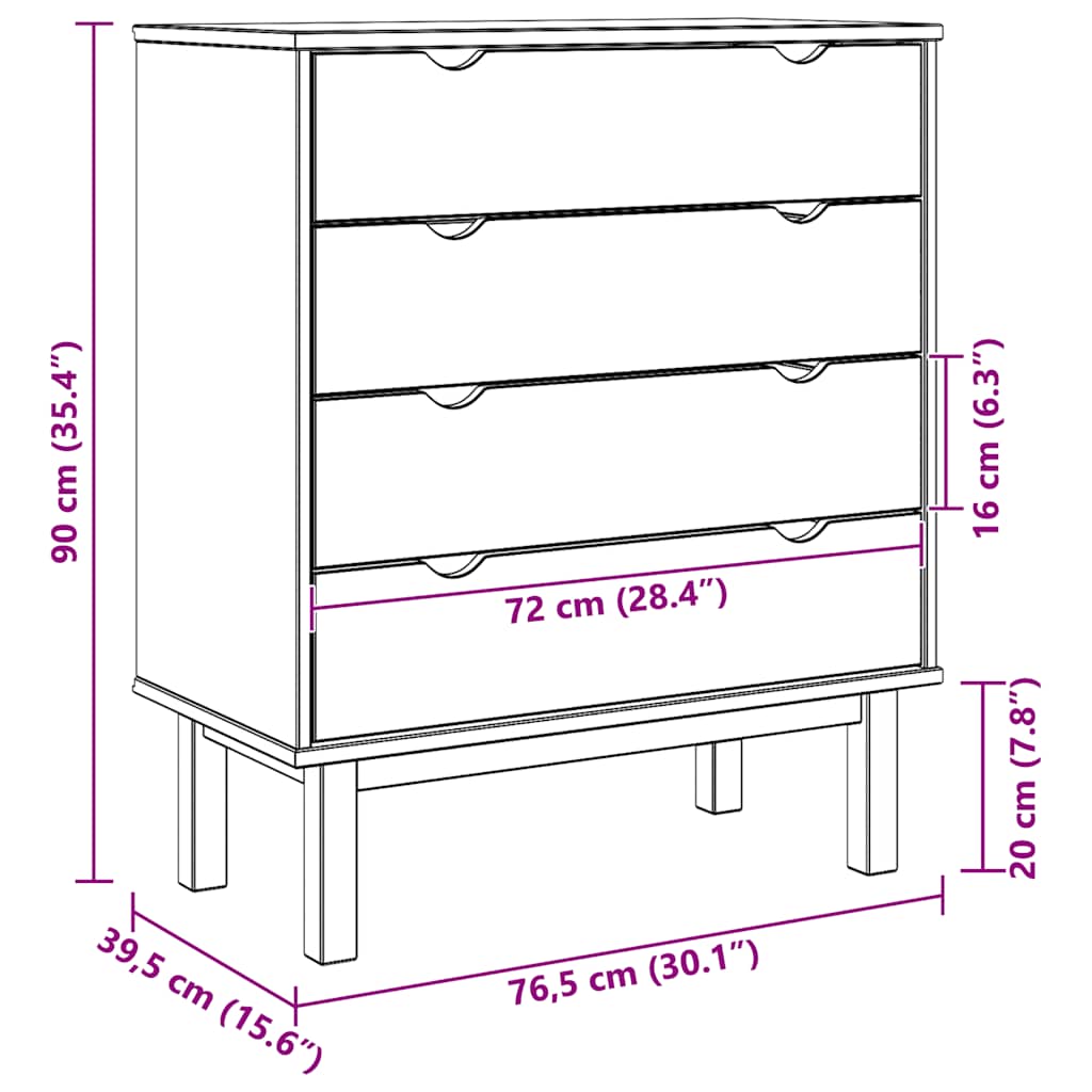 kommode OTTA 76,5x39,5x90 cm massivt fyrretræ