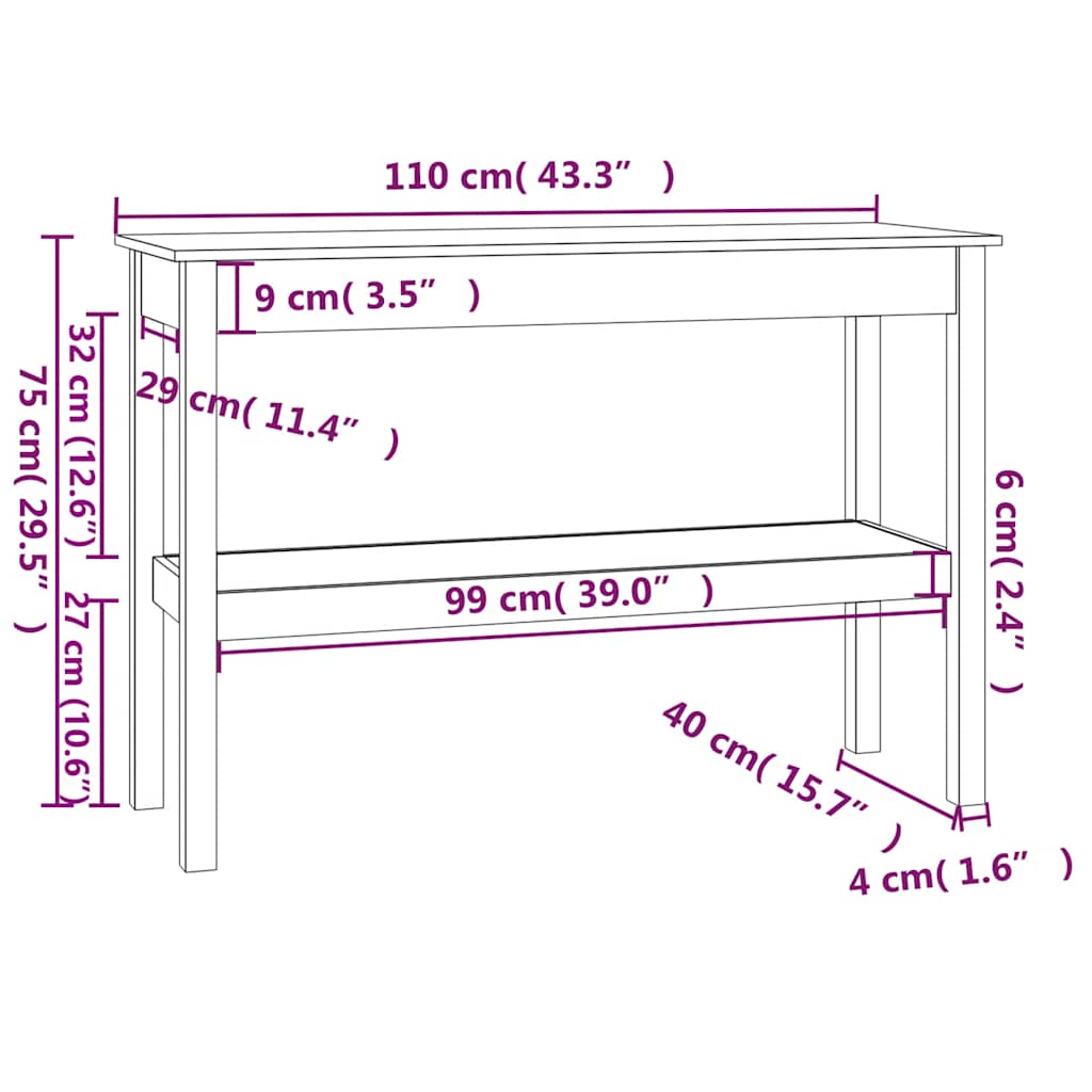 konsolbord 110x40x75 cm massivt fyrretræ hvid