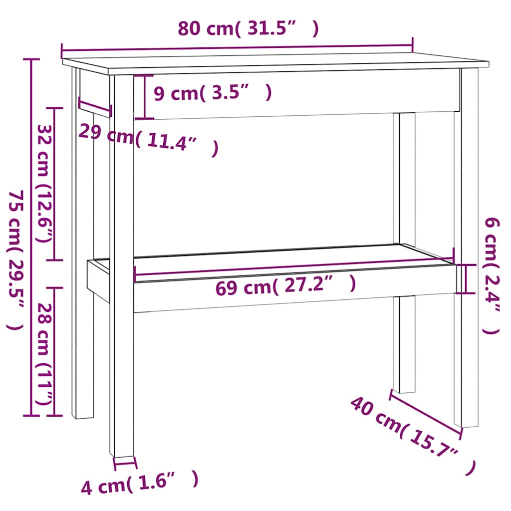 konsolbord 80x40x75 cm massivt fyrretræ hvid