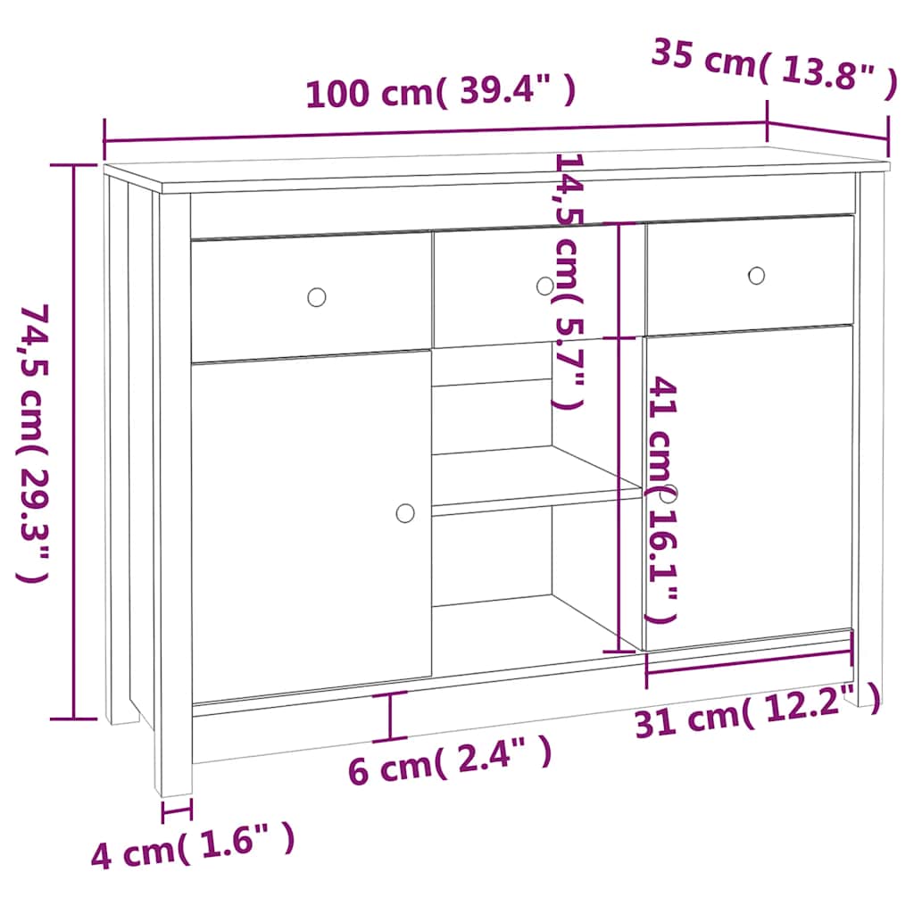 skænk 100x35x74,5 cm massivt fyrretræ sort
