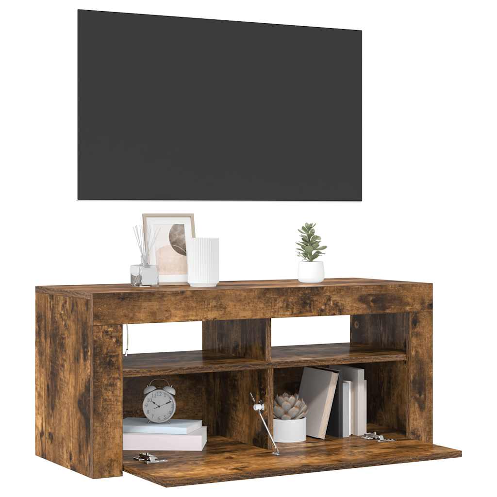 tv-bord med LED-lys 90x35x40 cm røget egetræsfarve