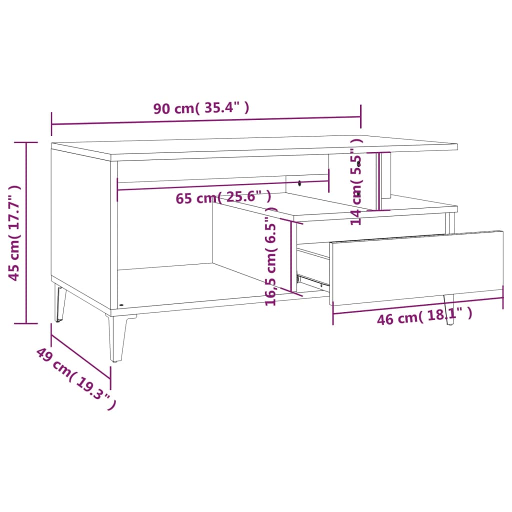 sofabord 90x49x45 cm konstrueret træ hvid